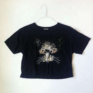 Forever 21 Black Boxy Sequin Cat Crop Top, S